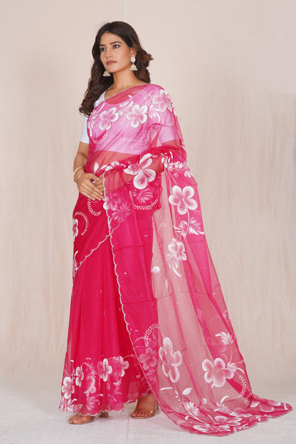 Gudhal Pink – Hand-Painted Organza Saree