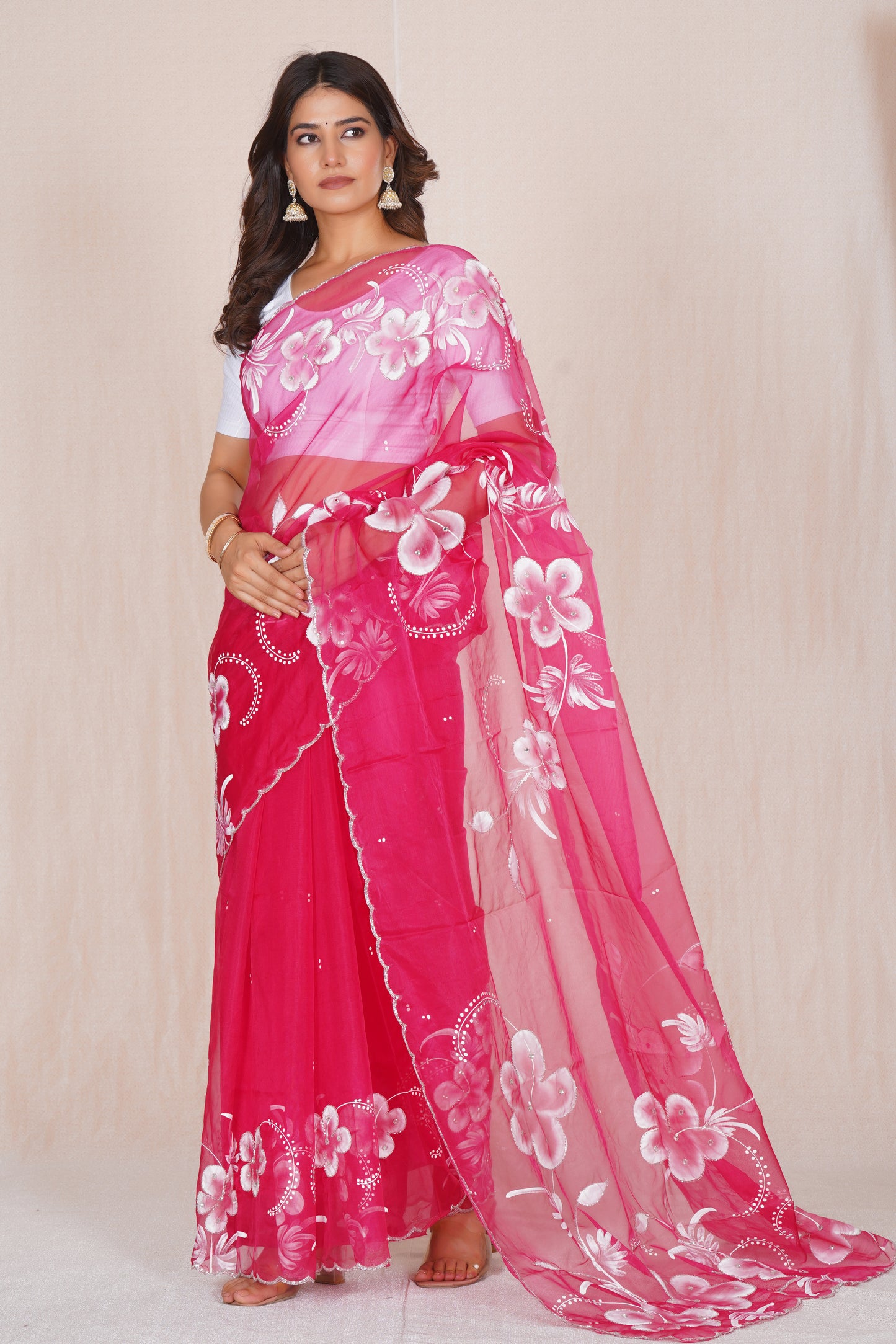 Gudhal Pink – Hand-Painted Organza Saree