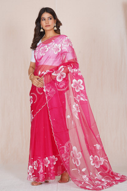Gudhal Pink – Hand-Painted Organza Saree