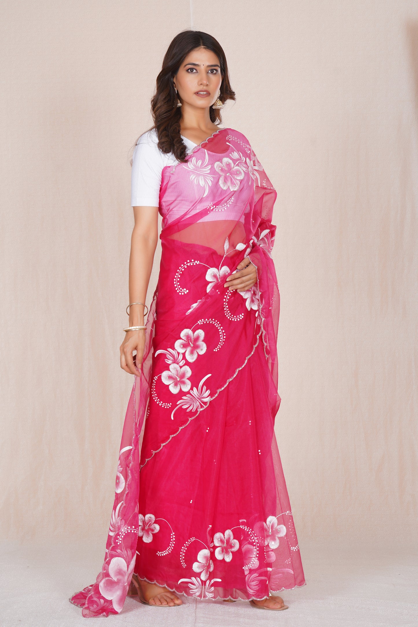 Gudhal Pink – Hand-Painted Organza Saree