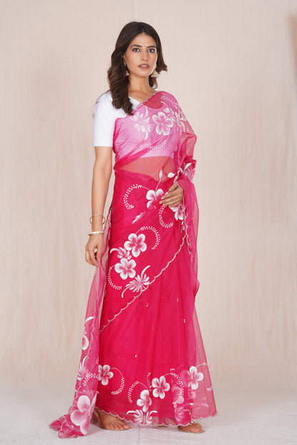 Gudhal Pink – Hand-Painted Organza Saree