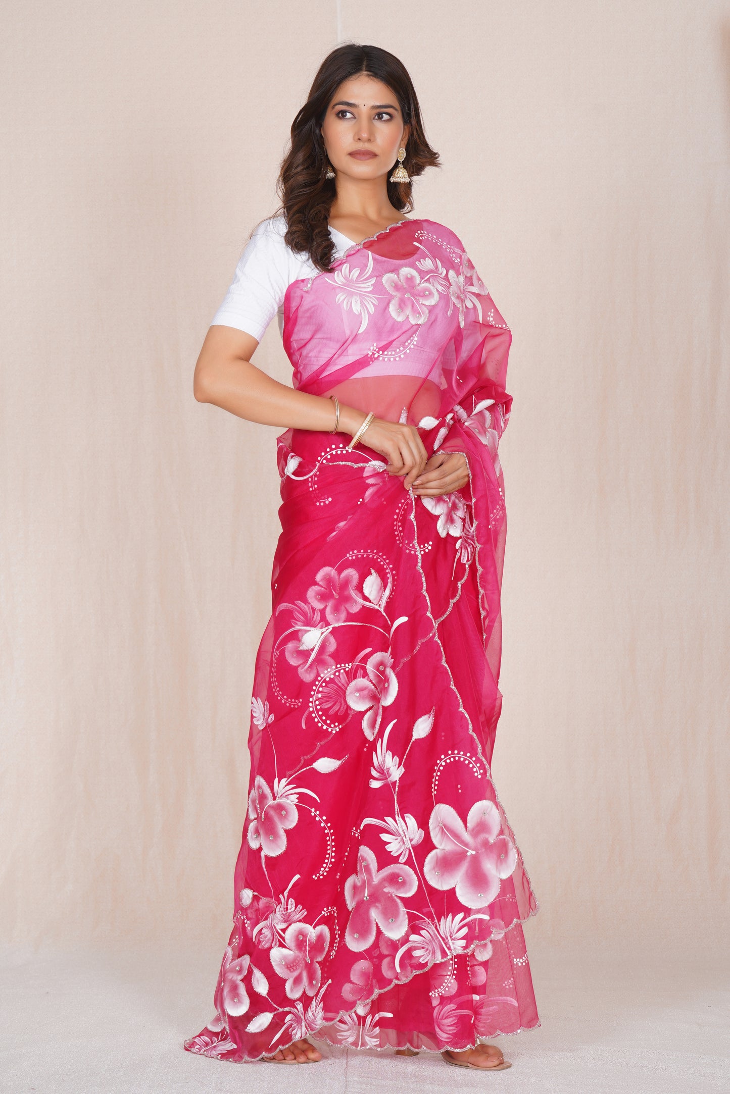 Gudhal Pink – Hand-Painted Organza Saree