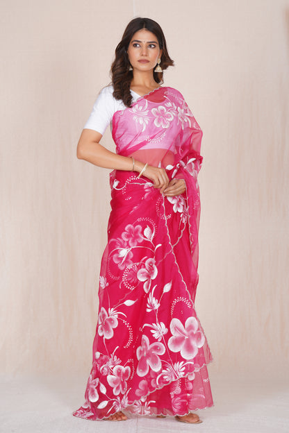 Gudhal Pink – Hand-Painted Organza Saree