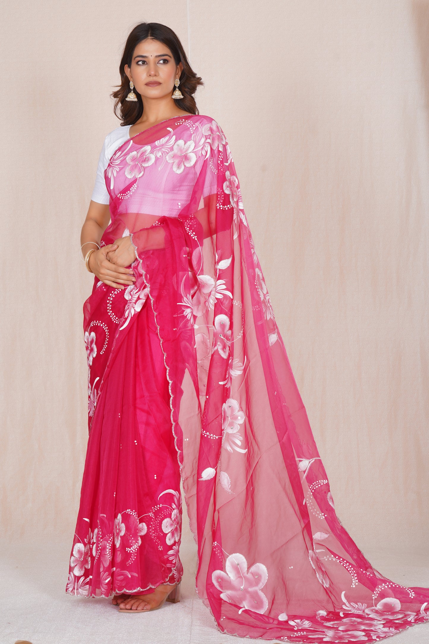 Gudhal Pink – Hand-Painted Organza Saree