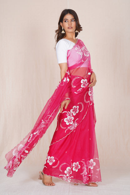 Gudhal Pink – Hand-Painted Organza Saree