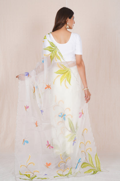Basant – White Floral Saree with Green Accents