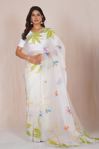 Basant – White Floral Saree with Green Accents