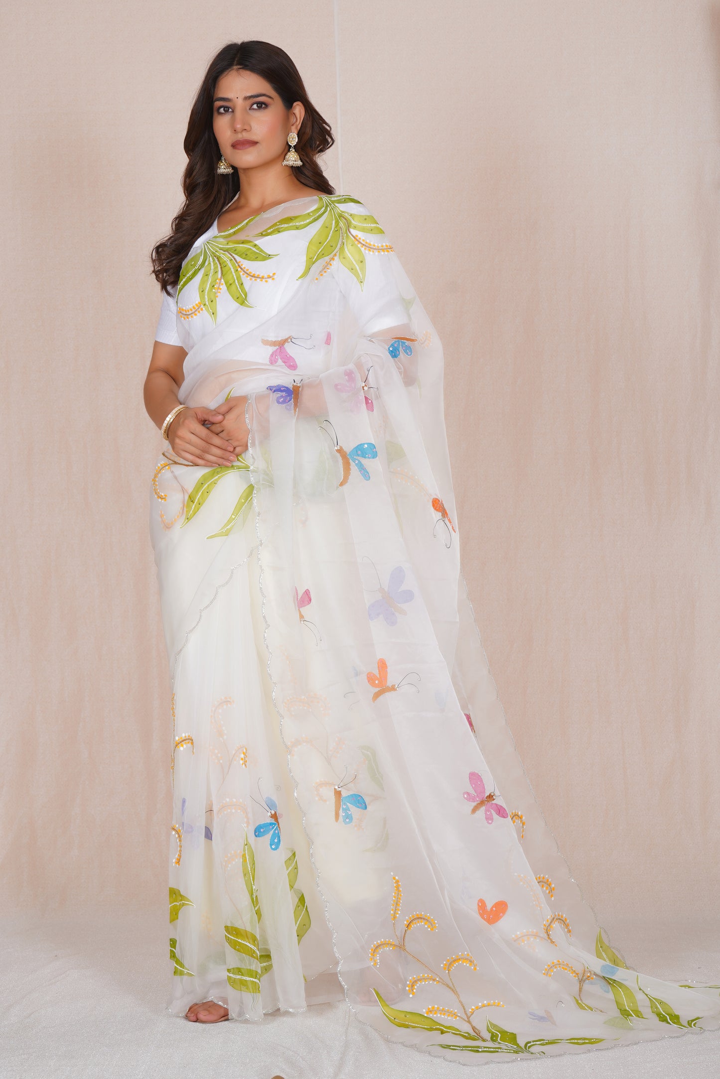Basant – White Floral Saree with Green Accents