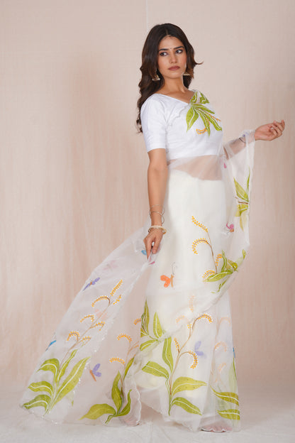 Basant – White Floral Saree with Green Accents