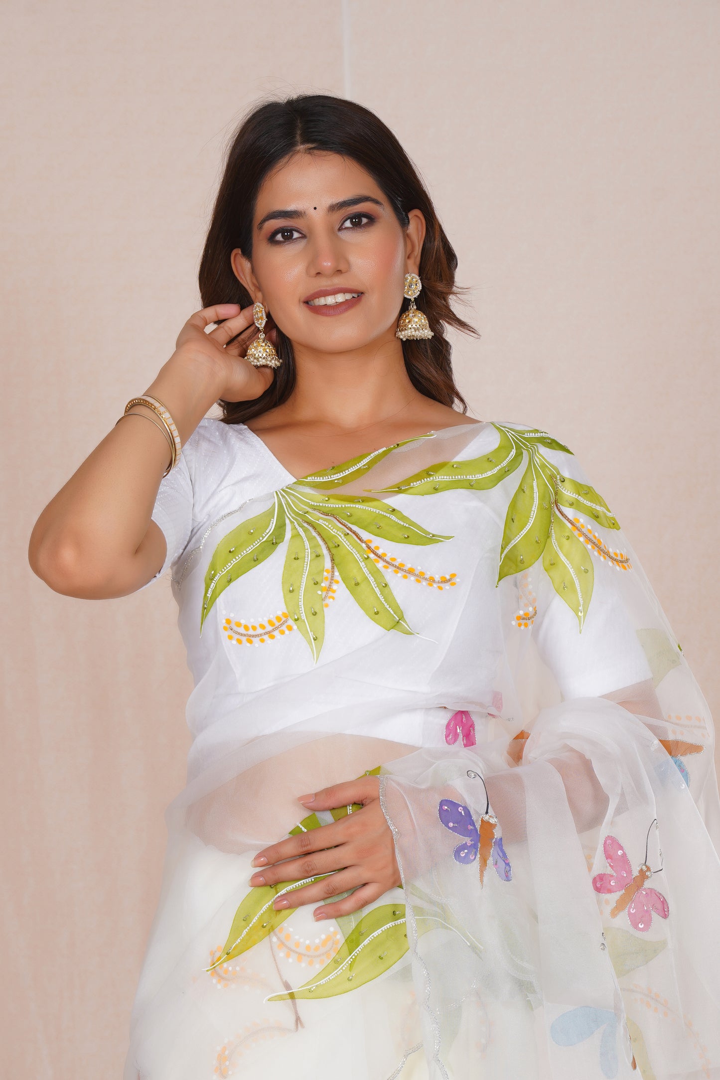 Basant – White Floral Saree with Green Accents