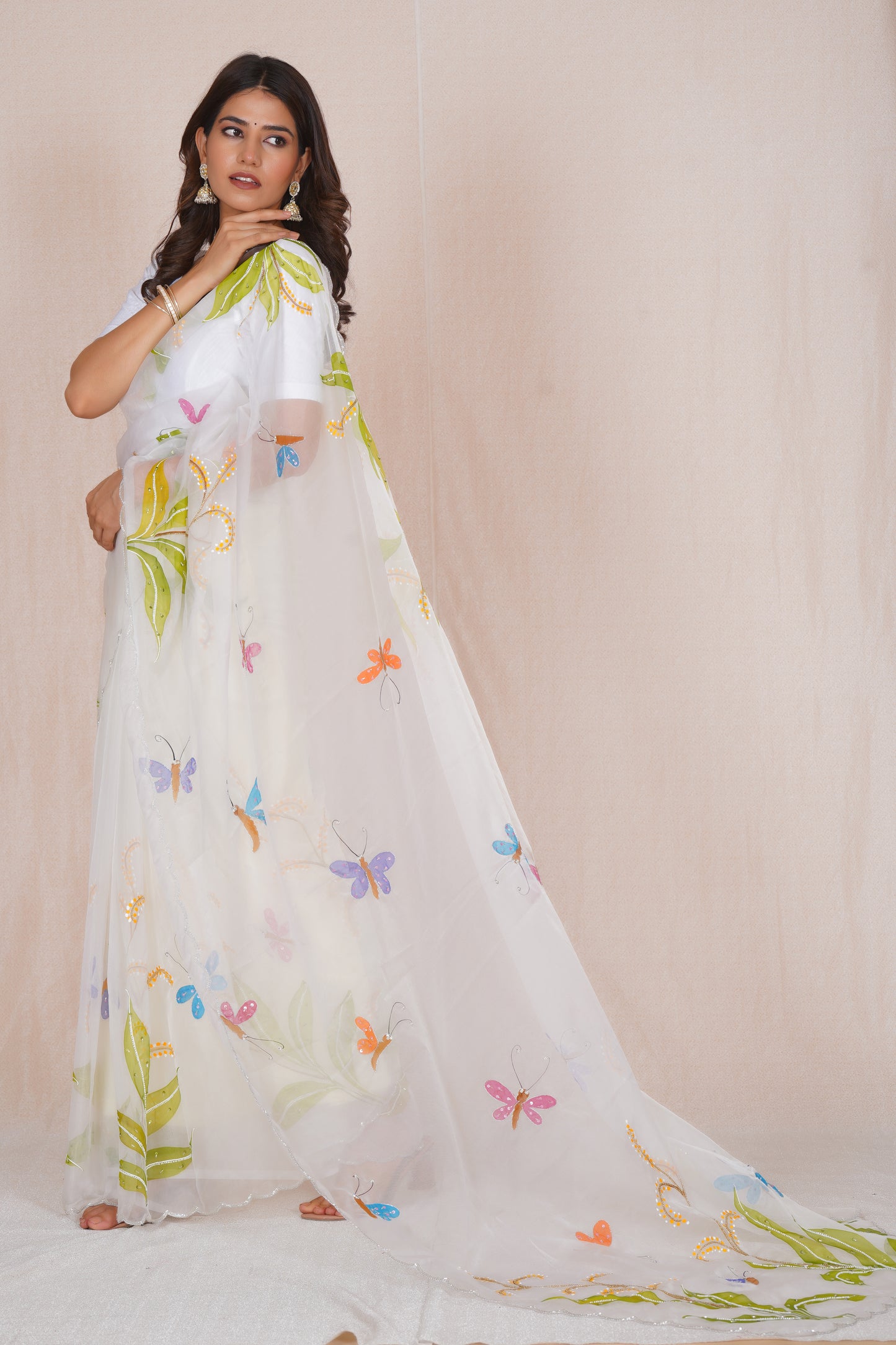 Basant – White Floral Saree with Green Accents