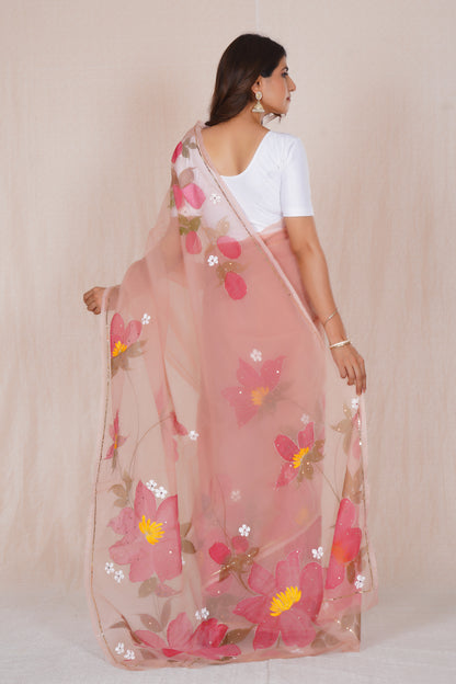 Niharika Pink – Hand-Painted Organza Saree