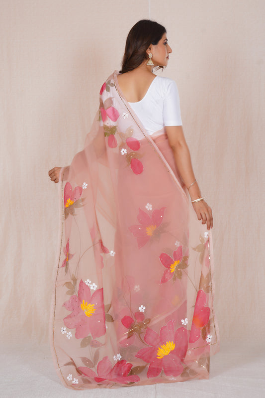 Niharika Pink – Hand-Painted Organza Saree