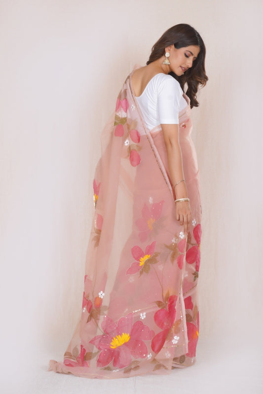Peach Organza Saree with Hand-Painted Pink Floral Motifs