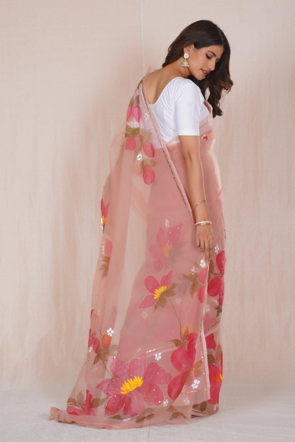 Niharika Pink – Hand-Painted Organza Saree