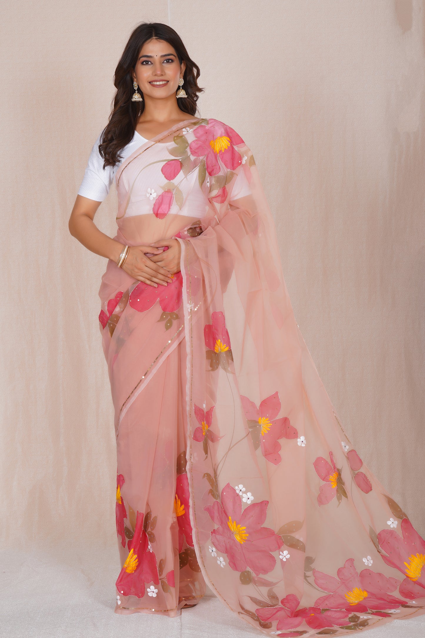 Niharika Pink – Hand-Painted Organza Saree