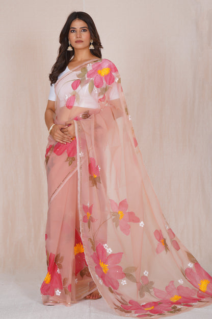 Niharika Pink – Hand-Painted Organza Saree