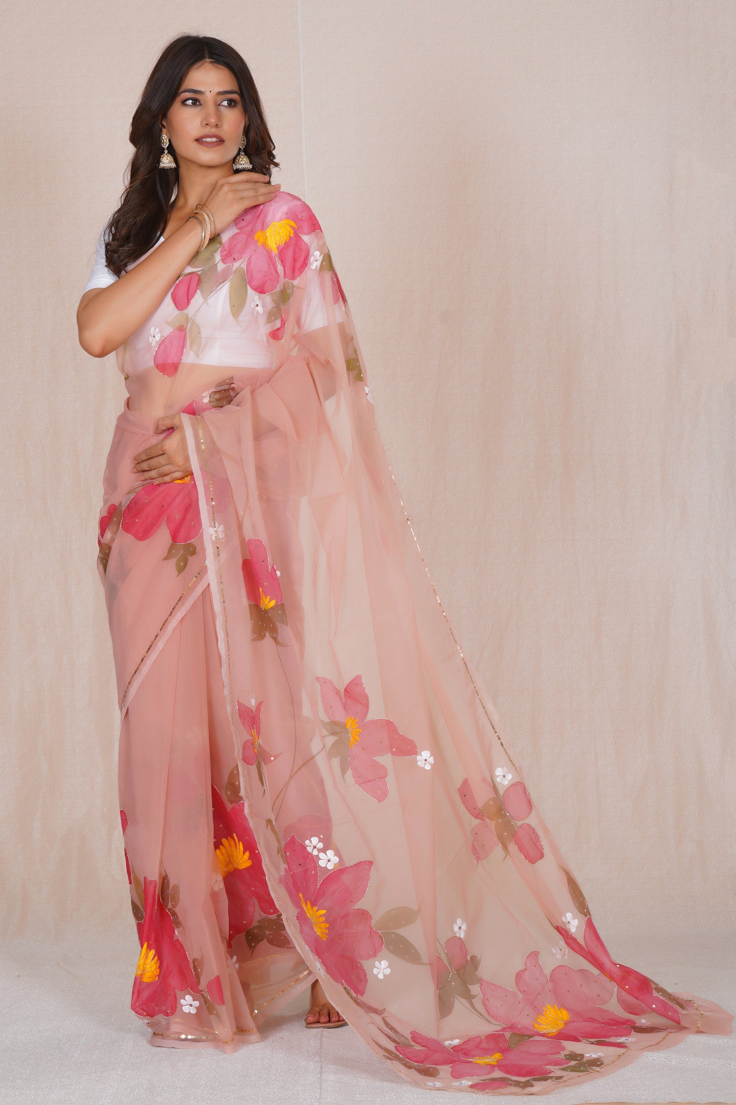 Niharika Pink – Hand-Painted Organza Saree