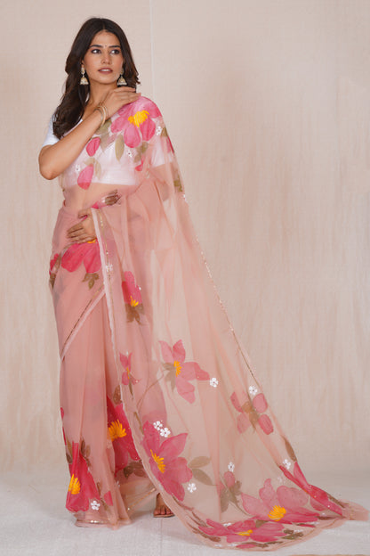 Niharika Pink – Hand-Painted Organza Saree