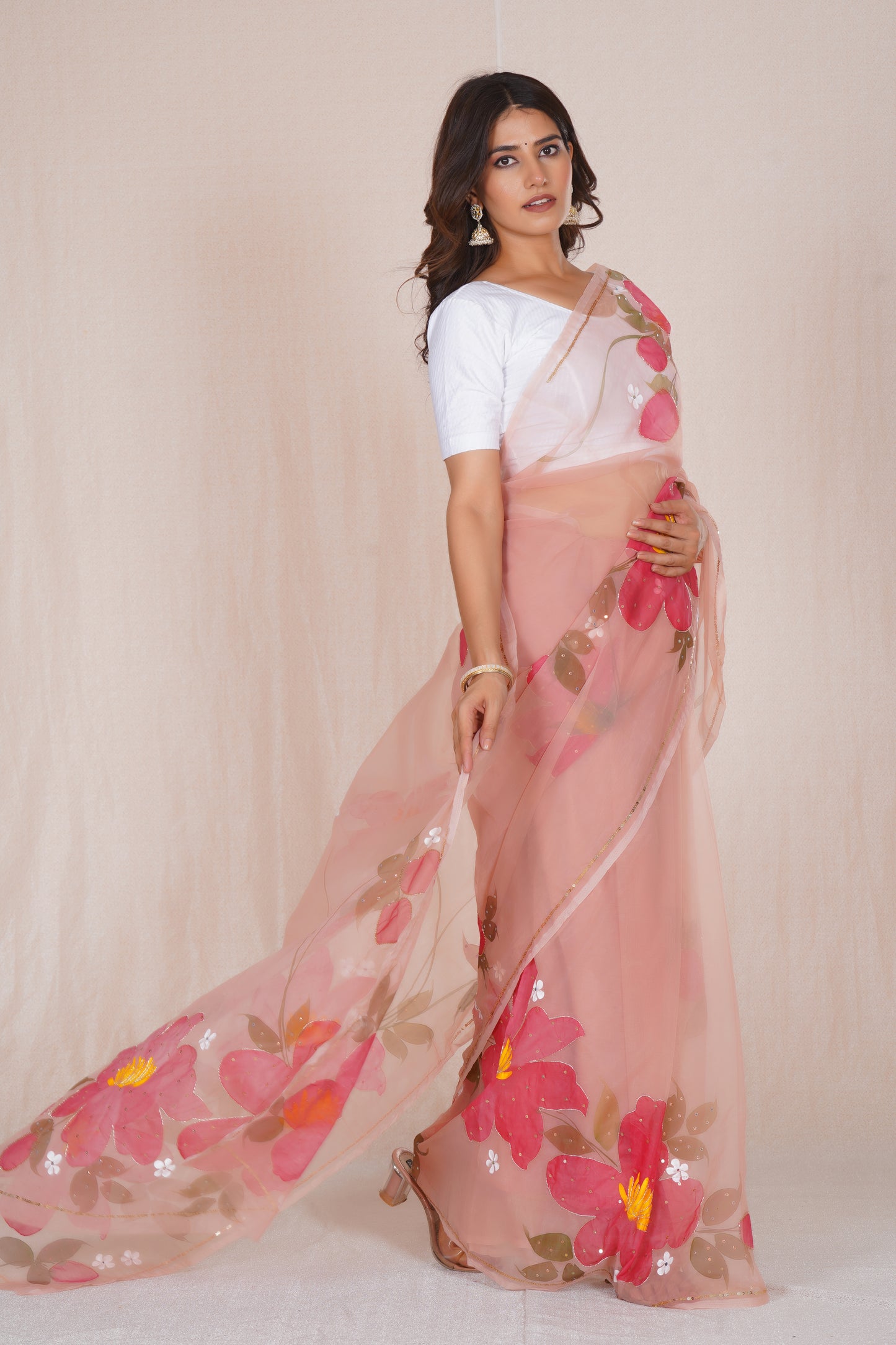 Niharika Pink – Hand-Painted Organza Saree
