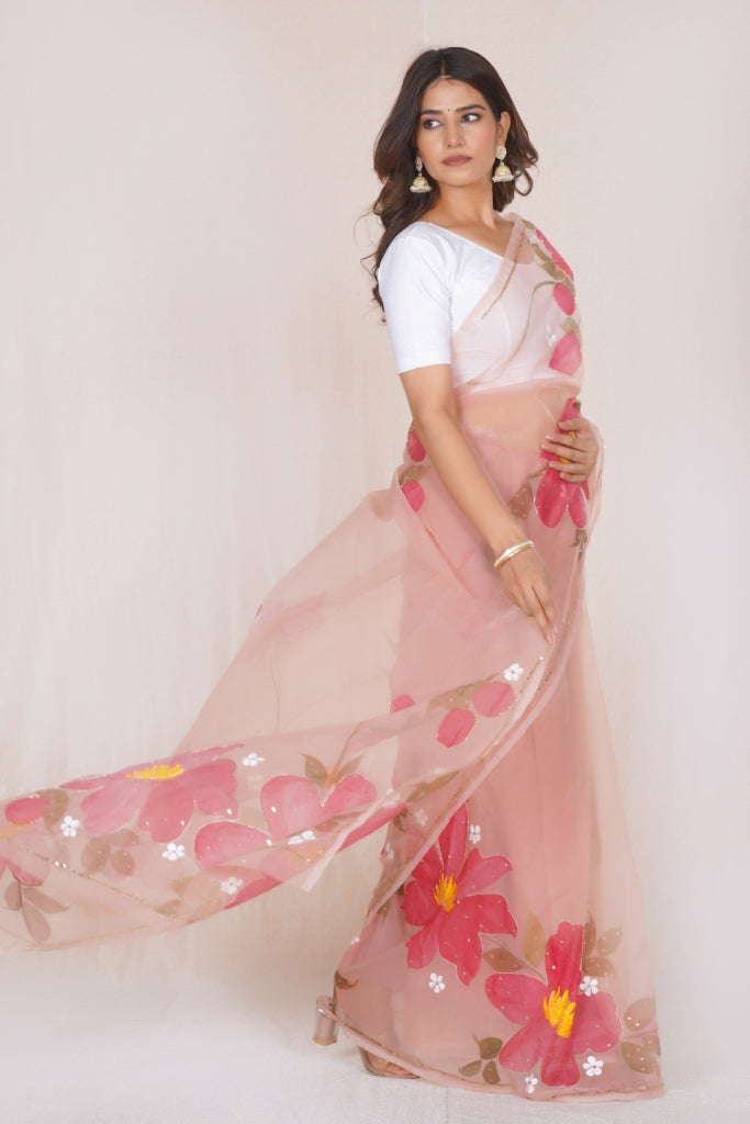 Peach Organza Saree with Hand-Painted Pink Floral Motifs