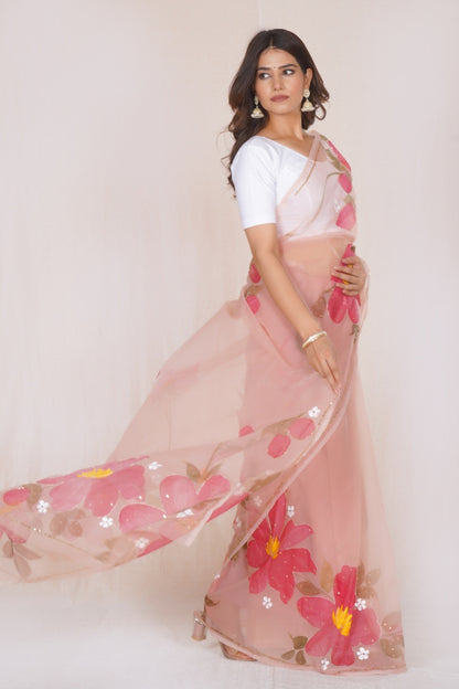 Peach Organza Saree with Hand-Painted Pink Floral Motifs