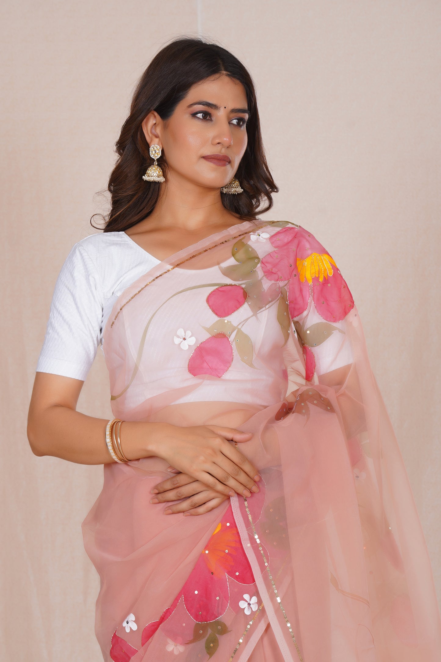 Niharika Pink – Hand-Painted Organza Saree