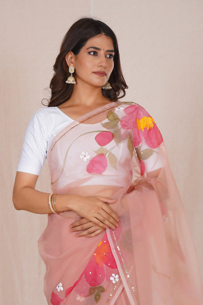 Niharika Pink – Hand-Painted Organza Saree