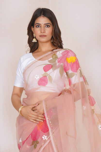 Peach Organza Saree with Hand-Painted Pink Floral Motifs