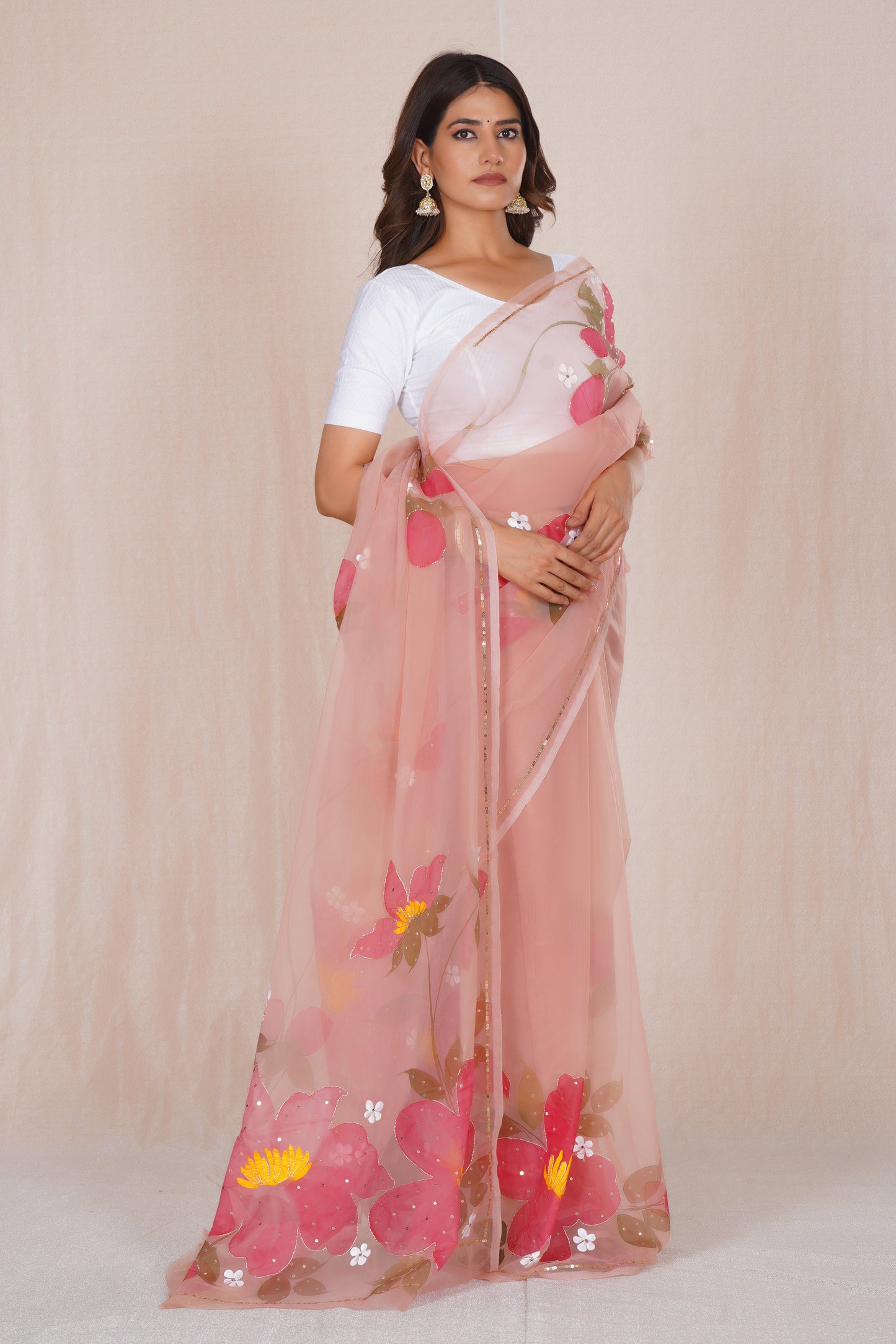 Niharika Pink – Hand-Painted Organza Saree
