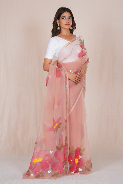 Niharika Pink – Hand-Painted Organza Saree