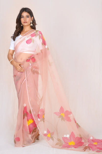 Peach Organza Saree with Hand-Painted Pink Floral Motifs