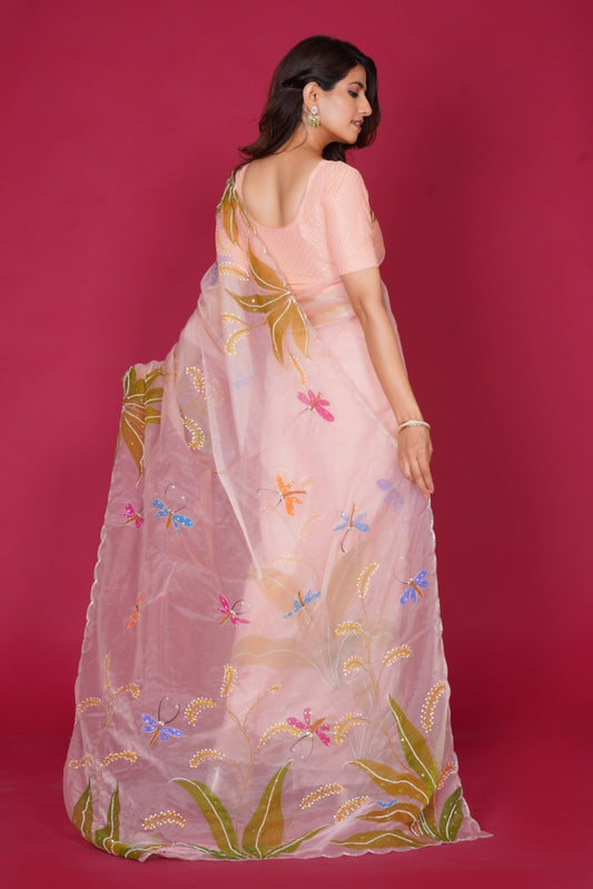 Peach Organza Saree with Hand-Painted Dragonfly & Meadow Motifs