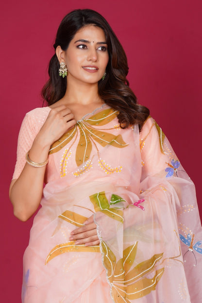 Peach Organza Saree with Hand-Painted Dragonfly & Meadow Motifs