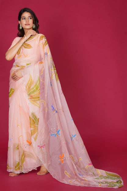 Peach Organza Saree with Hand-Painted Dragonfly & Meadow Motifs