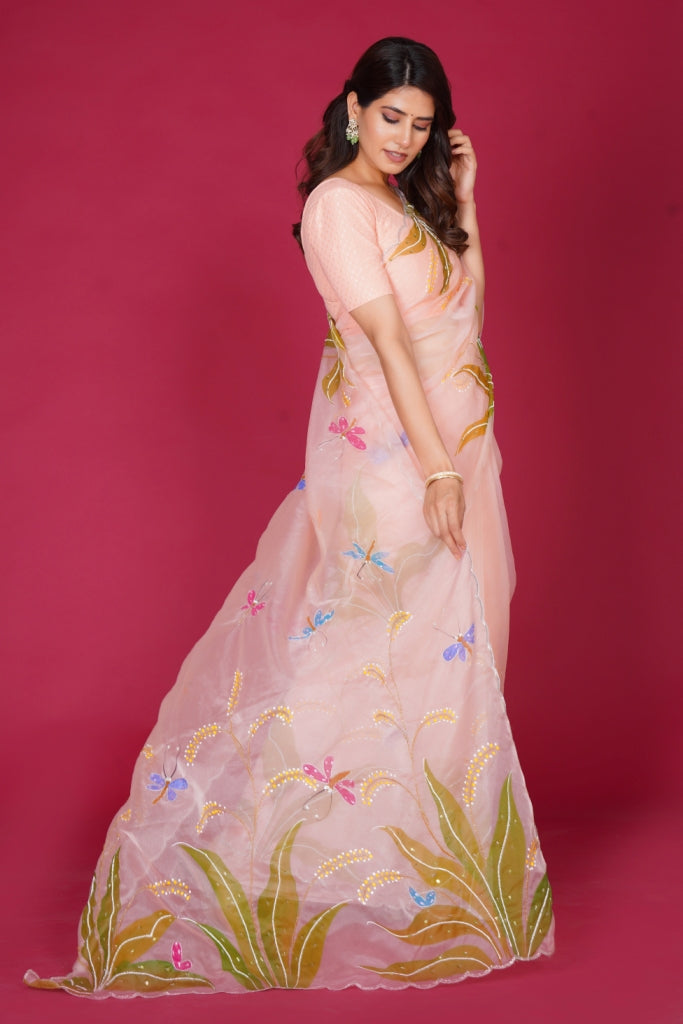 Peach Organza Saree with Hand-Painted Dragonfly & Meadow Motifs