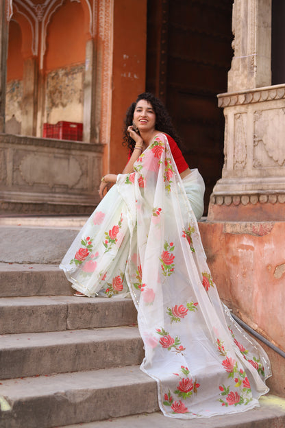Rose – Hand-Painted Organza Saree